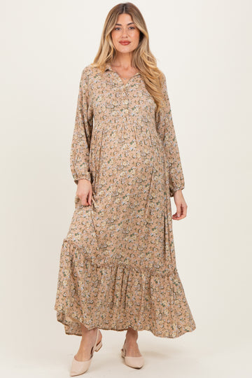 Mustard Floral Long Sleeve Button Down Collared Maternity Maxi Dress