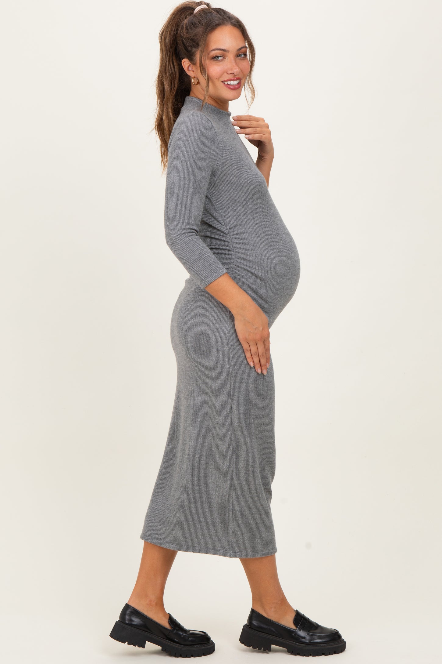 Charcoal Ribbed Knit Mock Neck Long Sleeve Ruched Maternity Dress