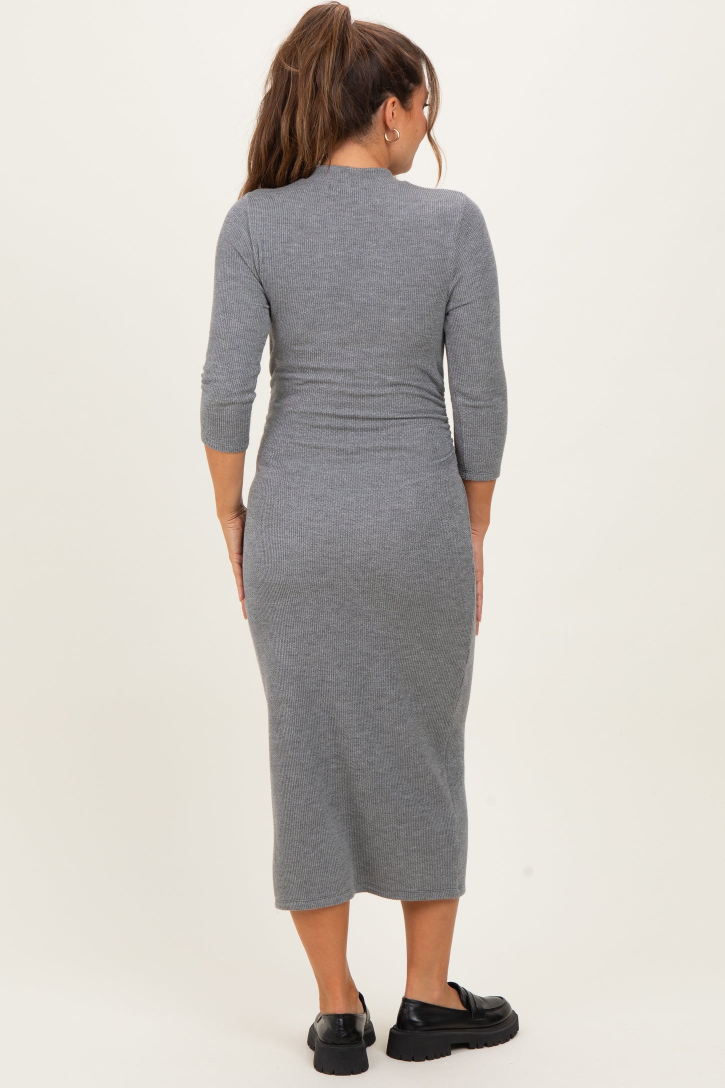 Charcoal Ribbed Knit Mock Neck Long Sleeve Ruched Maternity Dress