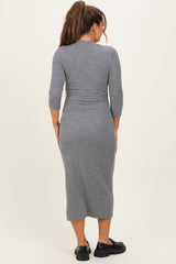 Charcoal Ribbed Knit Mock Neck Long Sleeve Ruched Maternity Dress