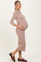 Taupe Ribbed Knit Mock Neck Long Sleeve Ruched Maternity Dress
