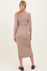 Taupe Ribbed Knit Mock Neck Long Sleeve Ruched Maternity Dress