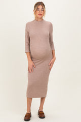 Taupe Ribbed Knit Mock Neck Long Sleeve Ruched Maternity Dress