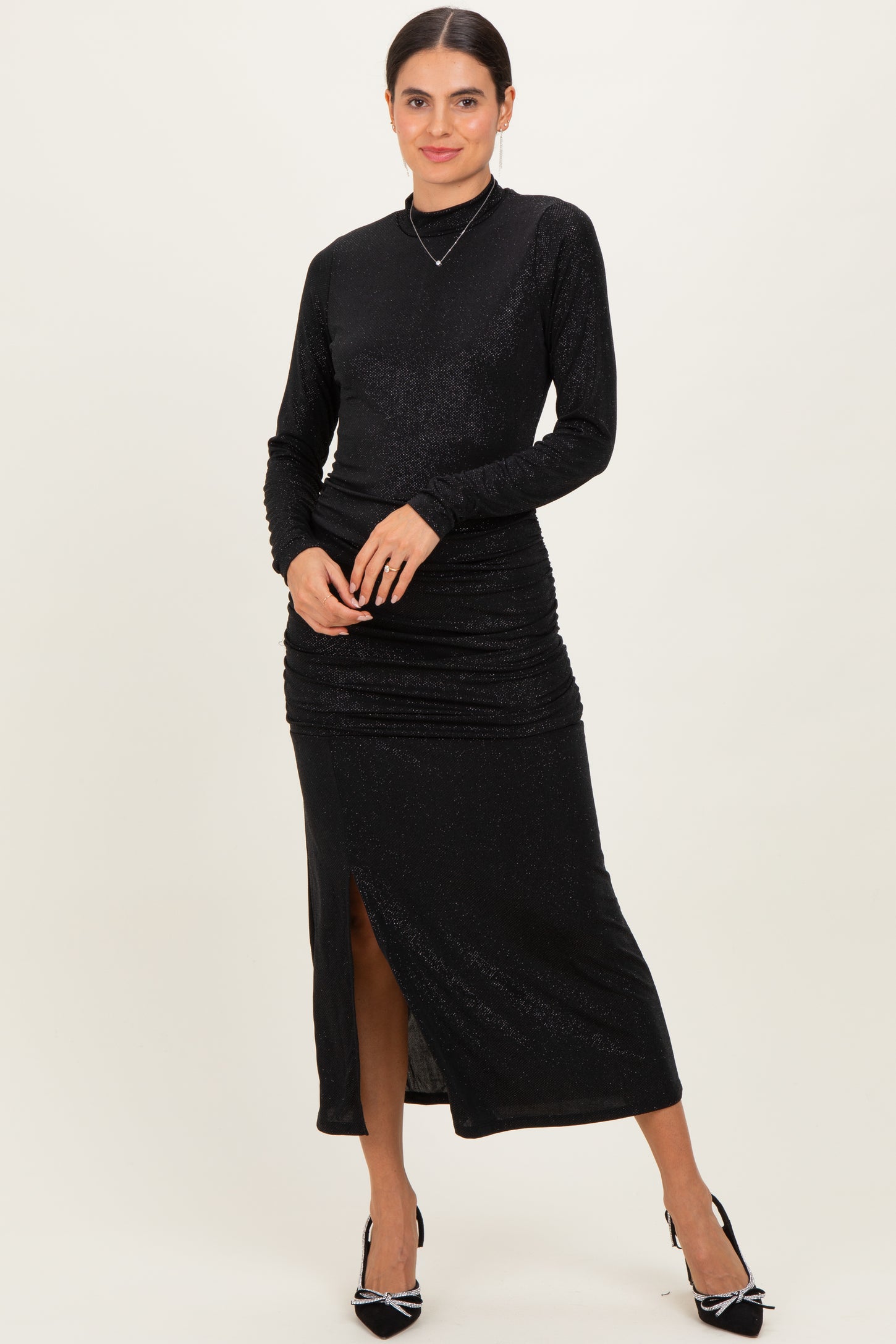 Black Sequin Long Sleeve Mock Neck Maternity Maxi Dress