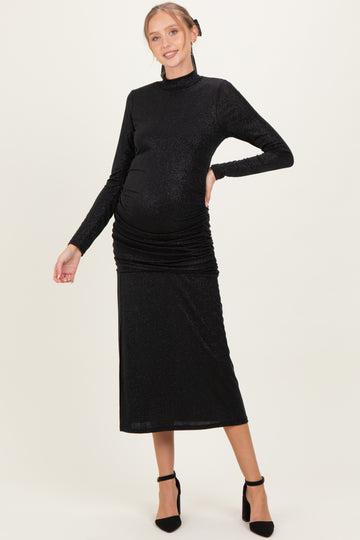 Black Sequin Long Sleeve Mock Neck Maternity Maxi Dress