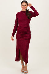 Burgundy Sequin Long Sleeve Mock Neck Maternity Maxi Dress