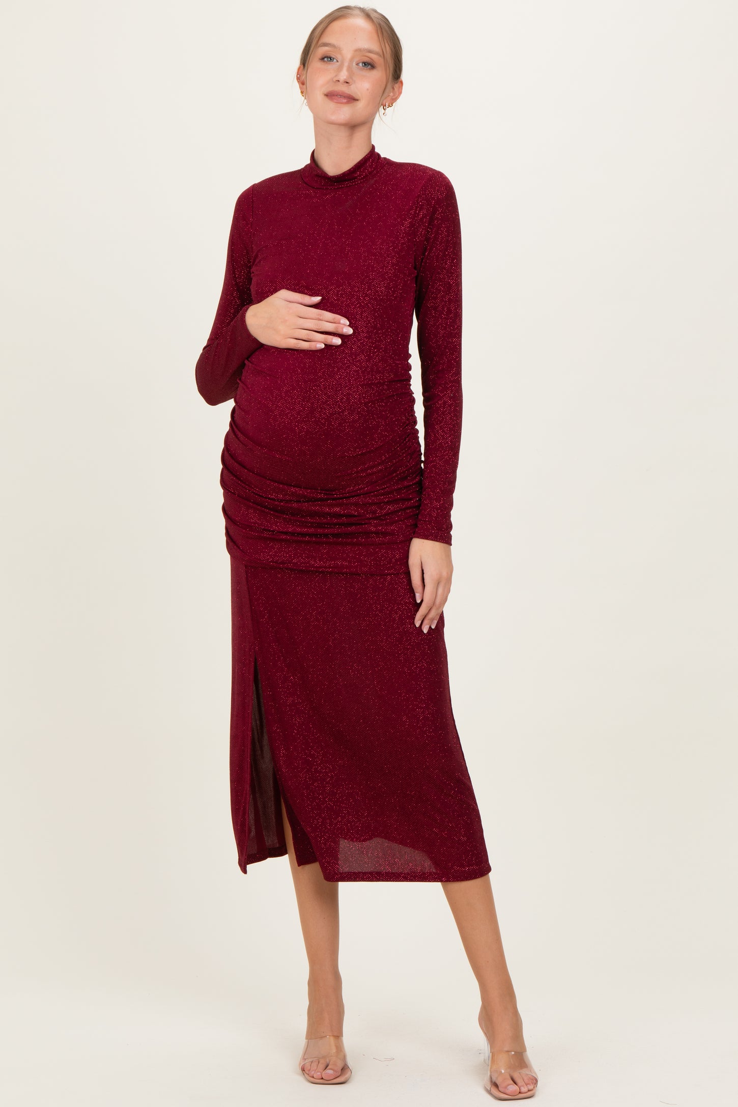 Burgundy Sequin Long Sleeve Mock Neck Maternity Maxi Dress