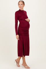 Burgundy Sequin Long Sleeve Mock Neck Maternity Maxi Dress