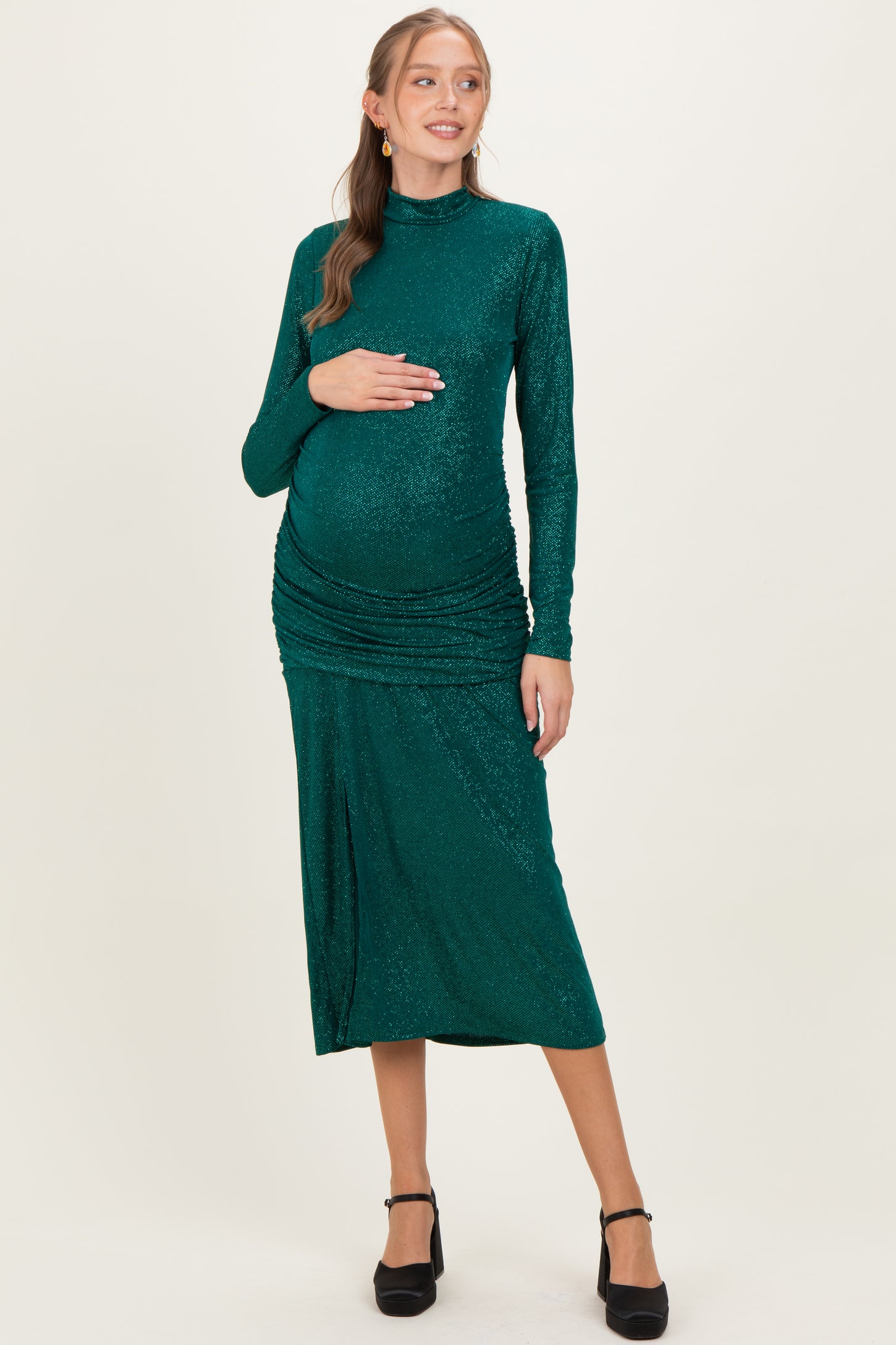 Green Sequin Long Sleeve Mock Neck Maternity Maxi Dress