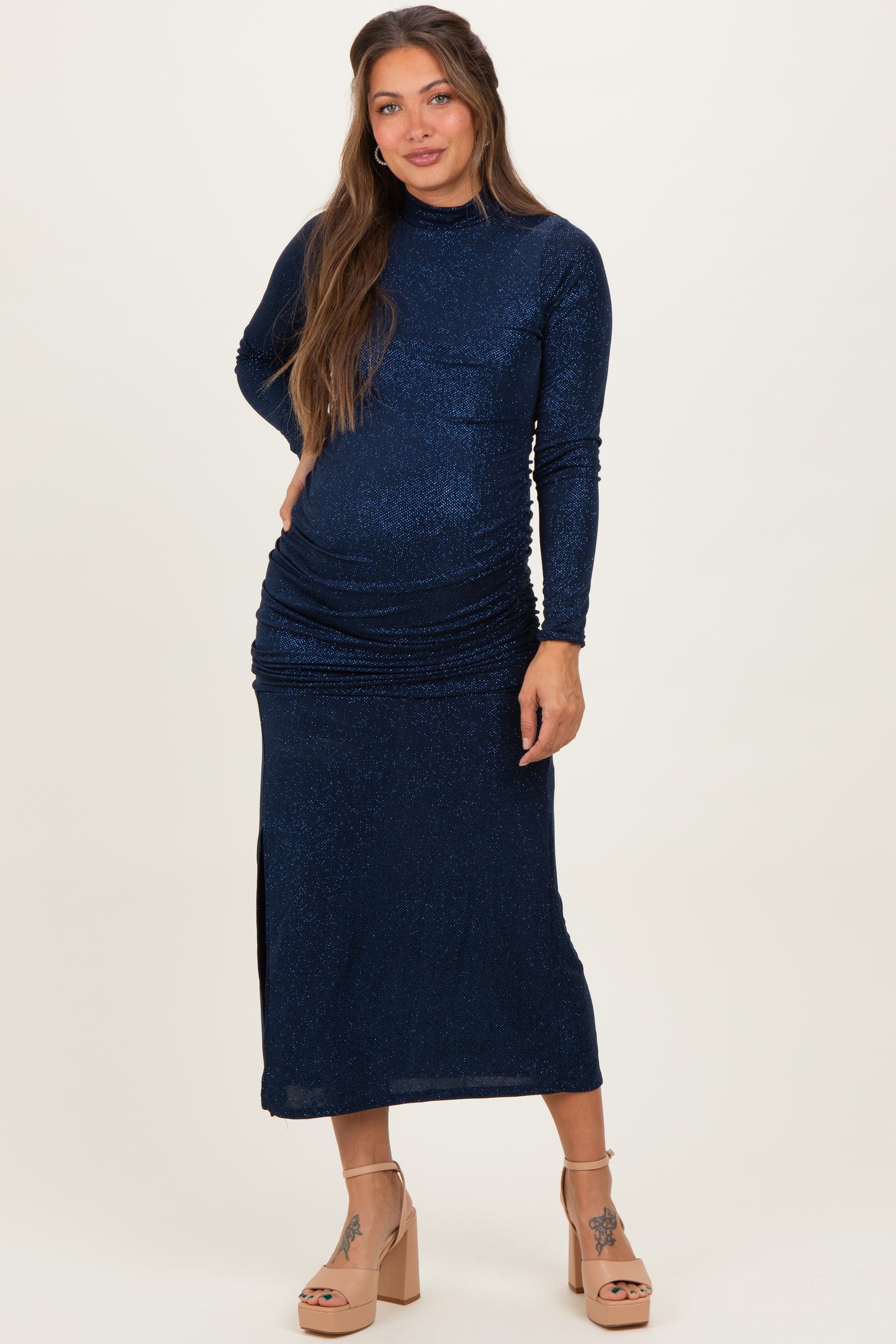 Navy Sequin Long Sleeve Mock Neck Maternity Maxi Dress
