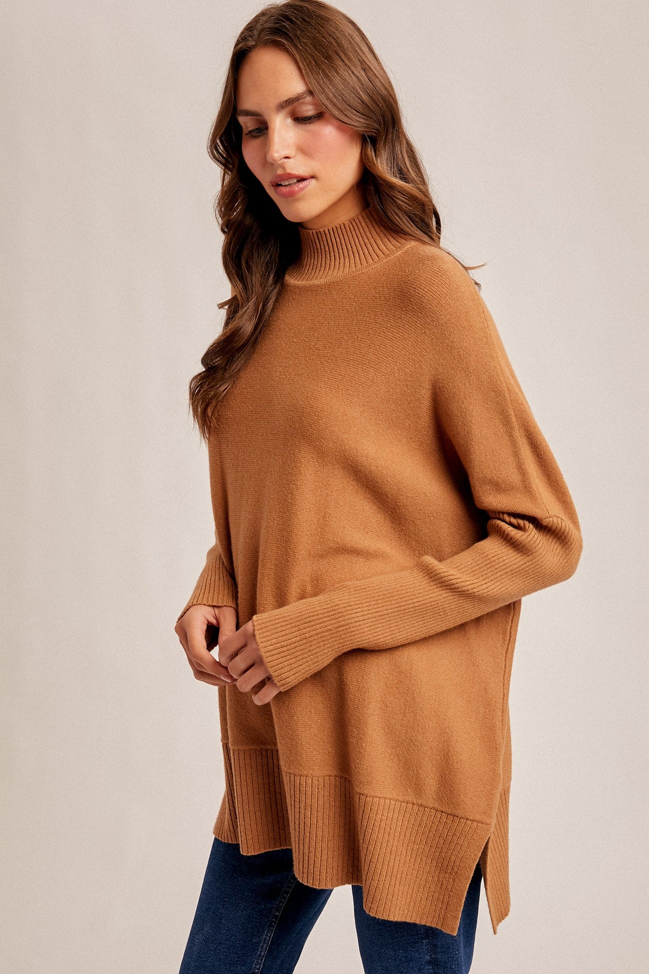Camel Mock Neck Oversized Sir Slit Maternity Sweater Top