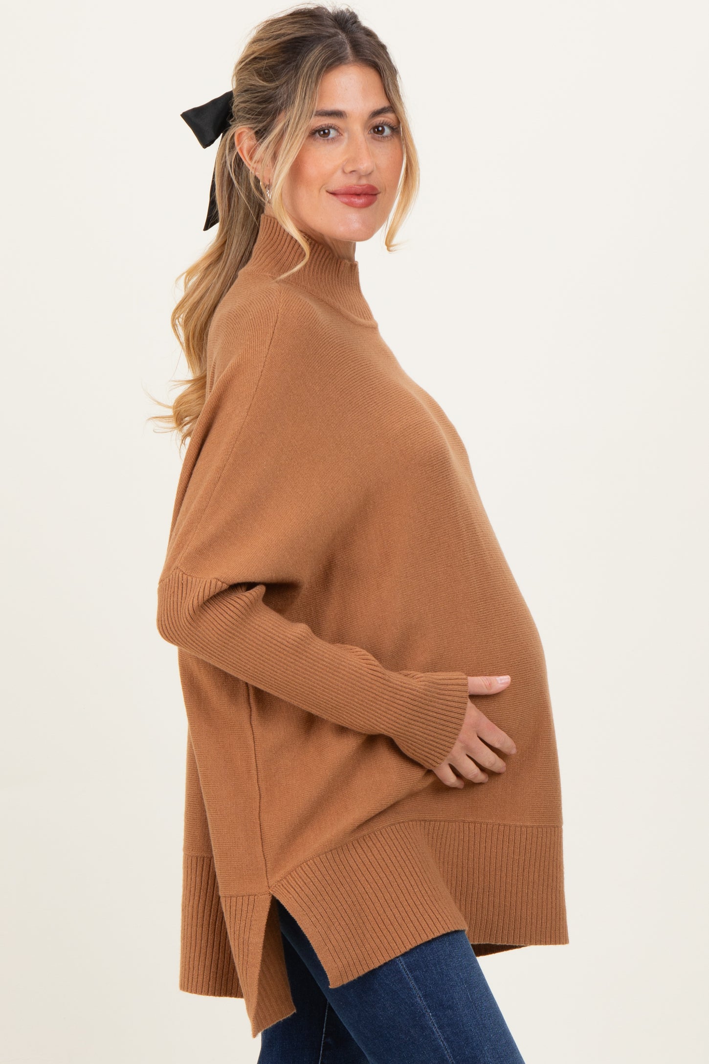 Camel Mock Neck Oversized Sir Slit Maternity Sweater Top