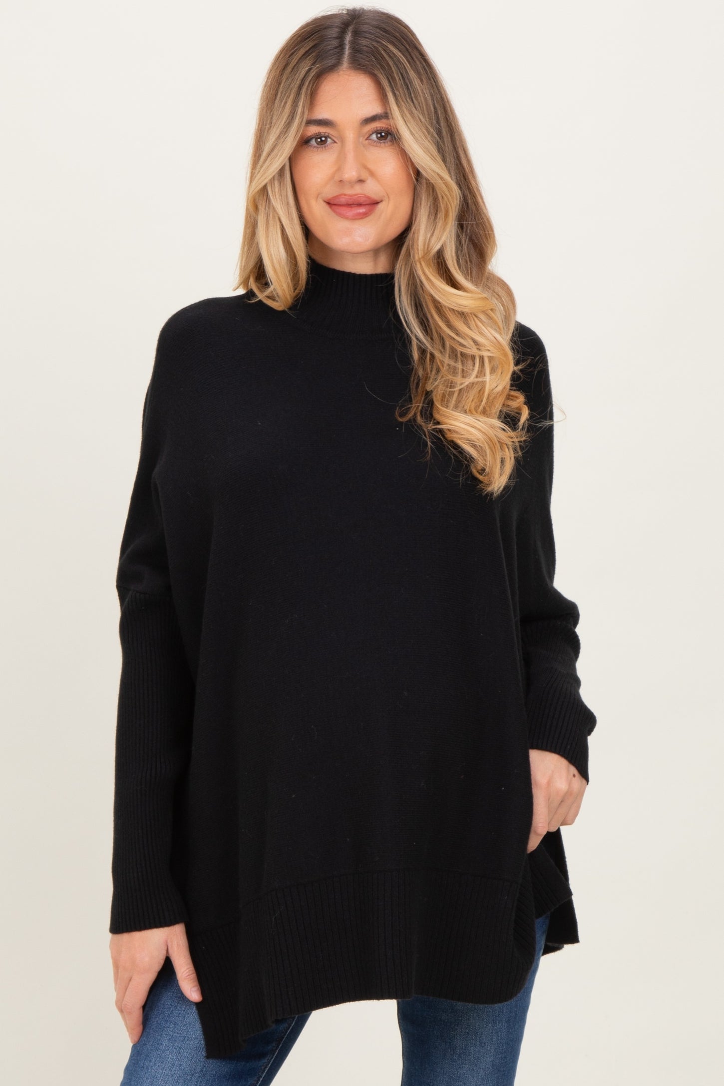 Black Mock Neck Oversized Sir Slit Maternity Sweater Top