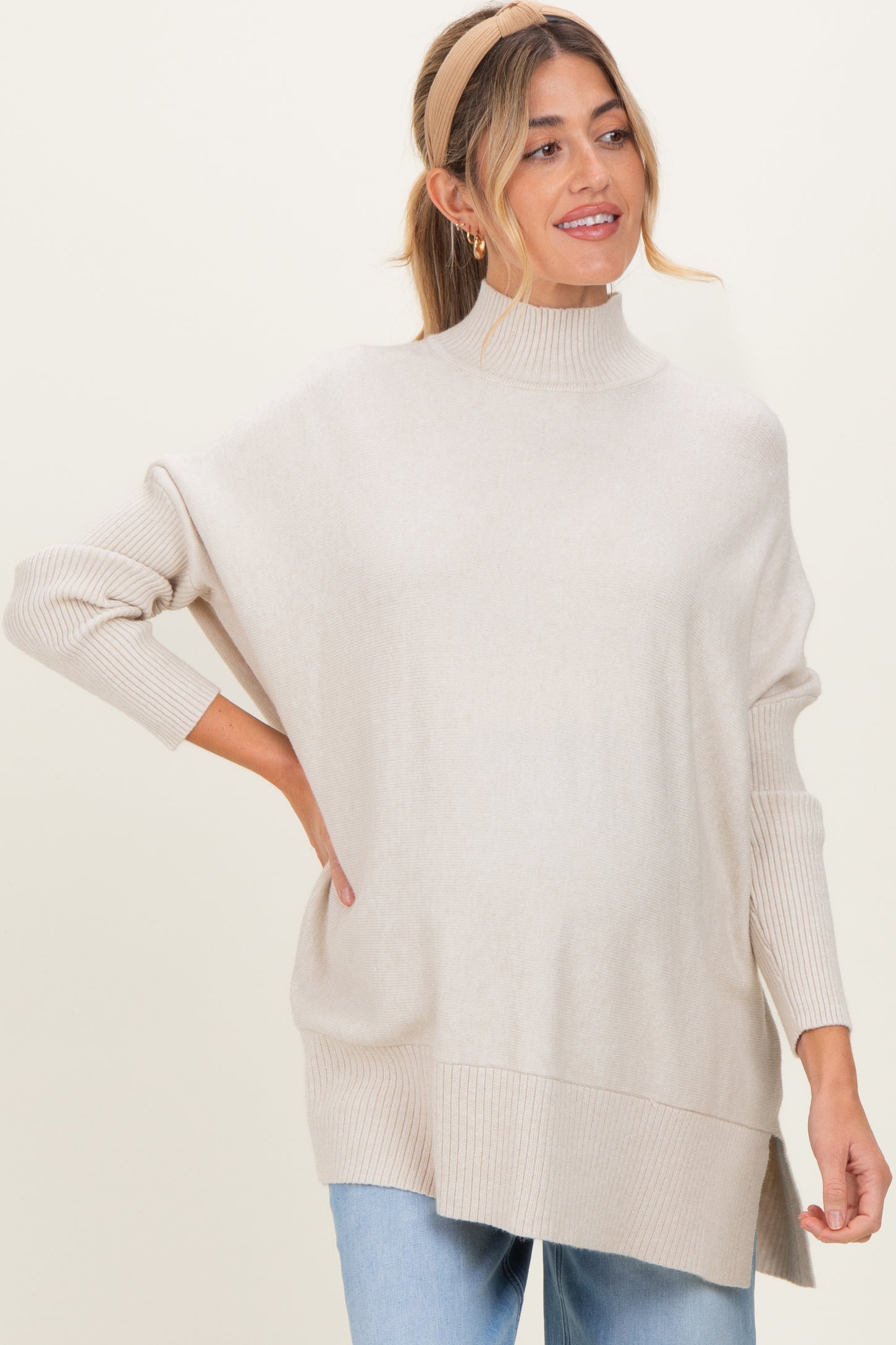 Cream Mock Neck Oversized Sir Slit Maternity Sweater Top