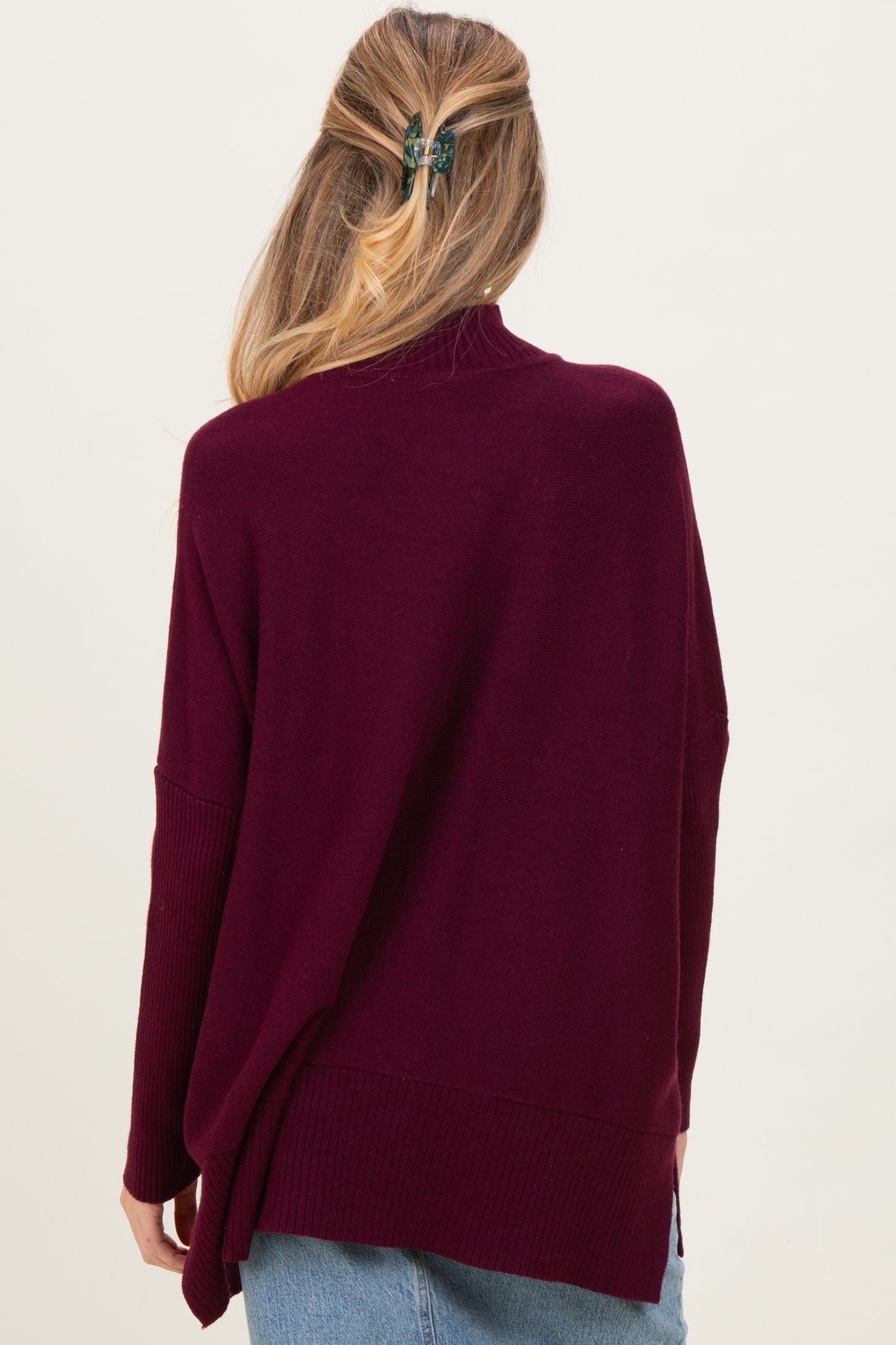 Burgundy Mock Neck Oversized Sir Slit Maternity Sweater Top