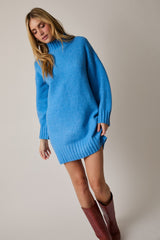 Blue Mock Neck Long Sleeve Maternity Sweater Dress