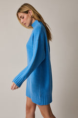 Blue Mock Neck Long Sleeve Sweater Dress