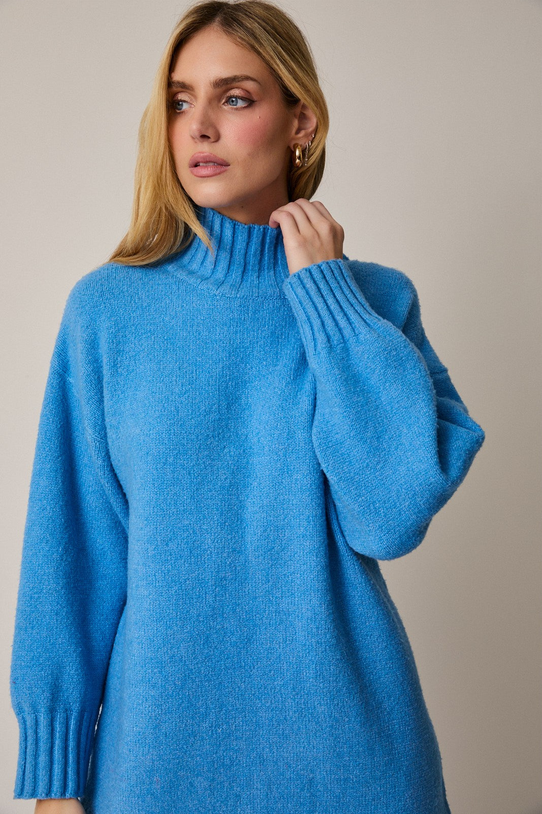 Blue Mock Neck Long Sleeve Sweater Dress