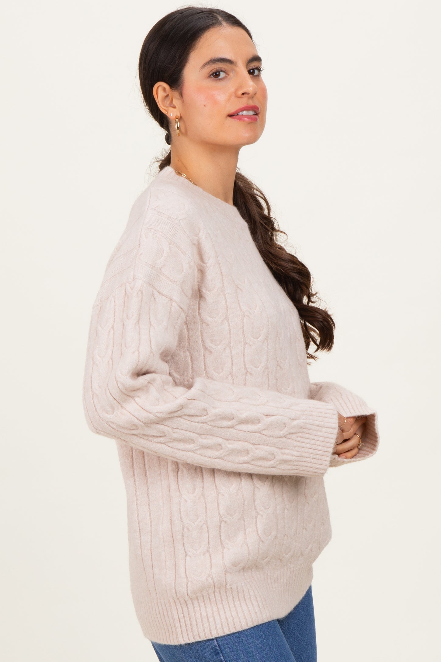 Beige Braid Knit Pattern Soft Fluffy Sweater Top