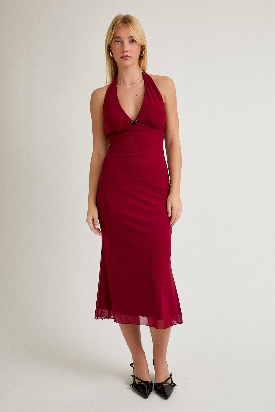 Red Mesh Pendant Halter Maternity Midi Dress