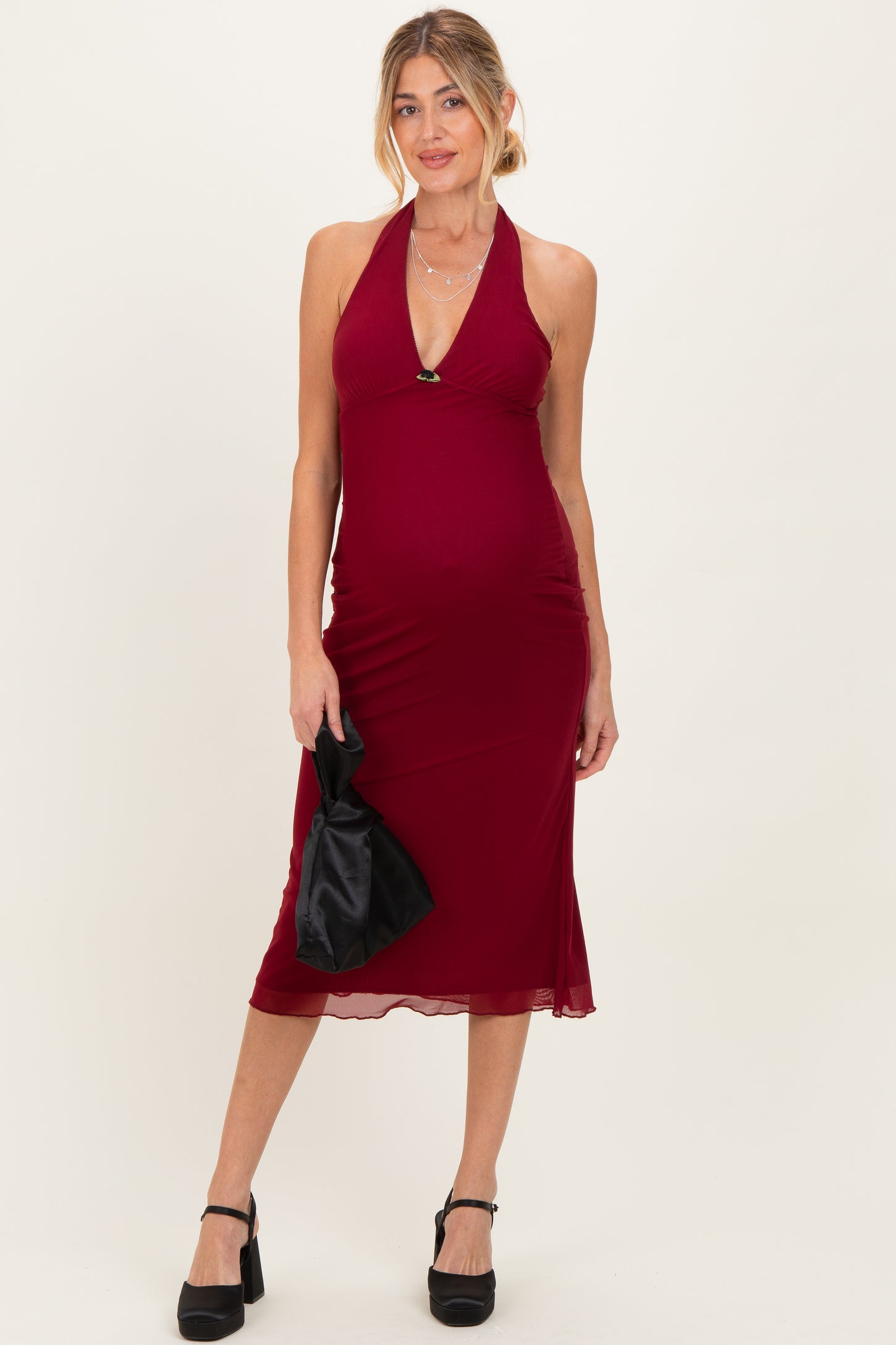 Red Mesh Pendant Halter Maternity Midi Dress