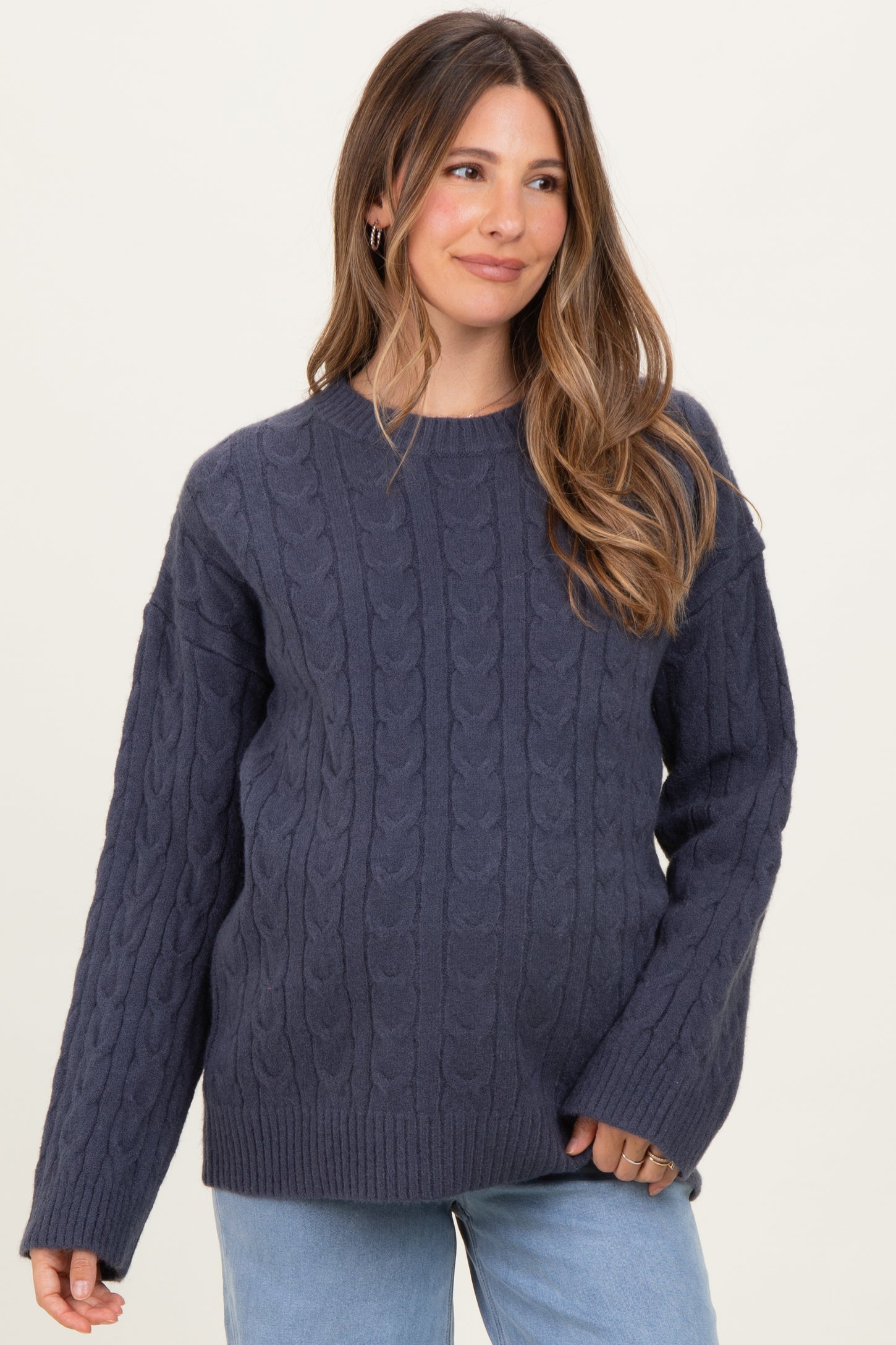 Navy Braid Knit Pattern Soft Fluffy Maternity Sweater Top