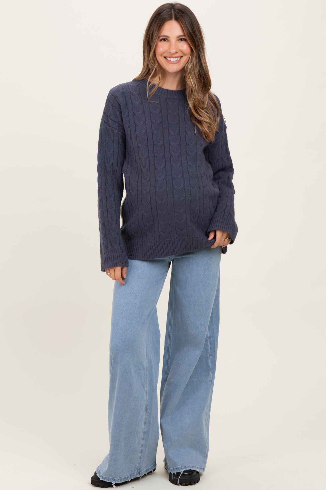 Navy Braid Knit Pattern Soft Fluffy Maternity Sweater Top