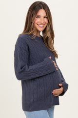 Navy Braid Knit Pattern Soft Fluffy Maternity Sweater Top