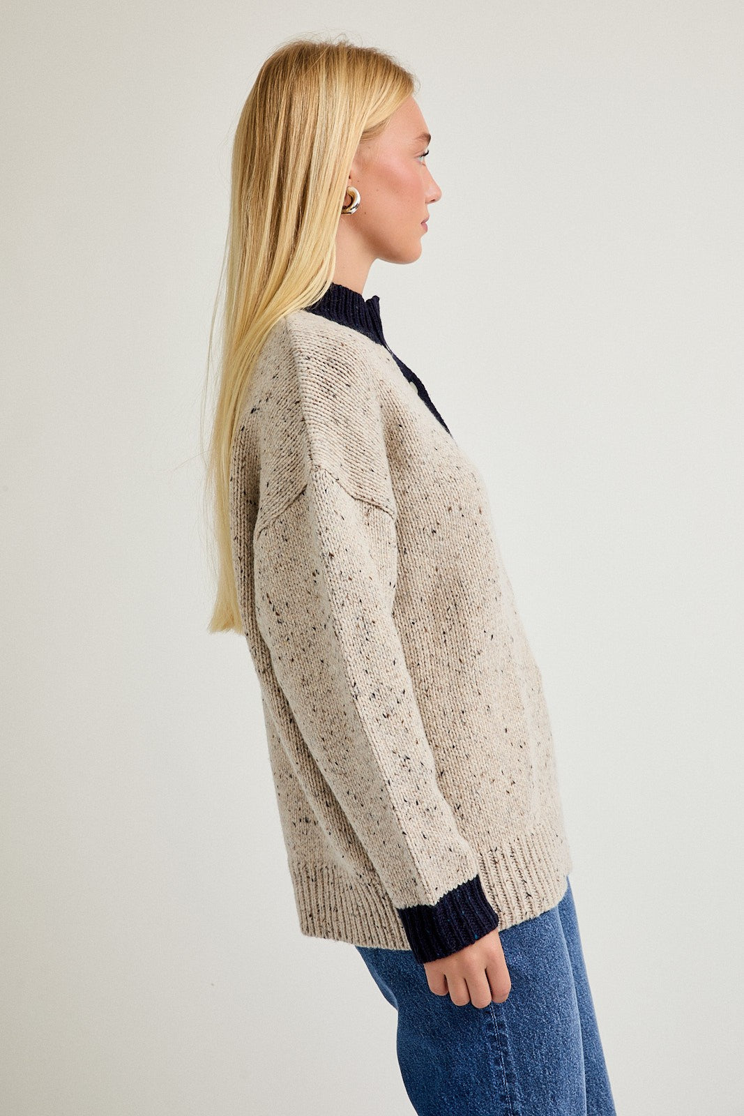 Beige Speckle Knit Snap Button Oversized Sweater