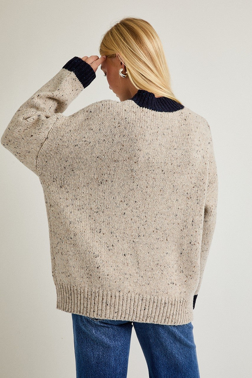 Beige Speckle Knit Snap Button Oversized Sweater