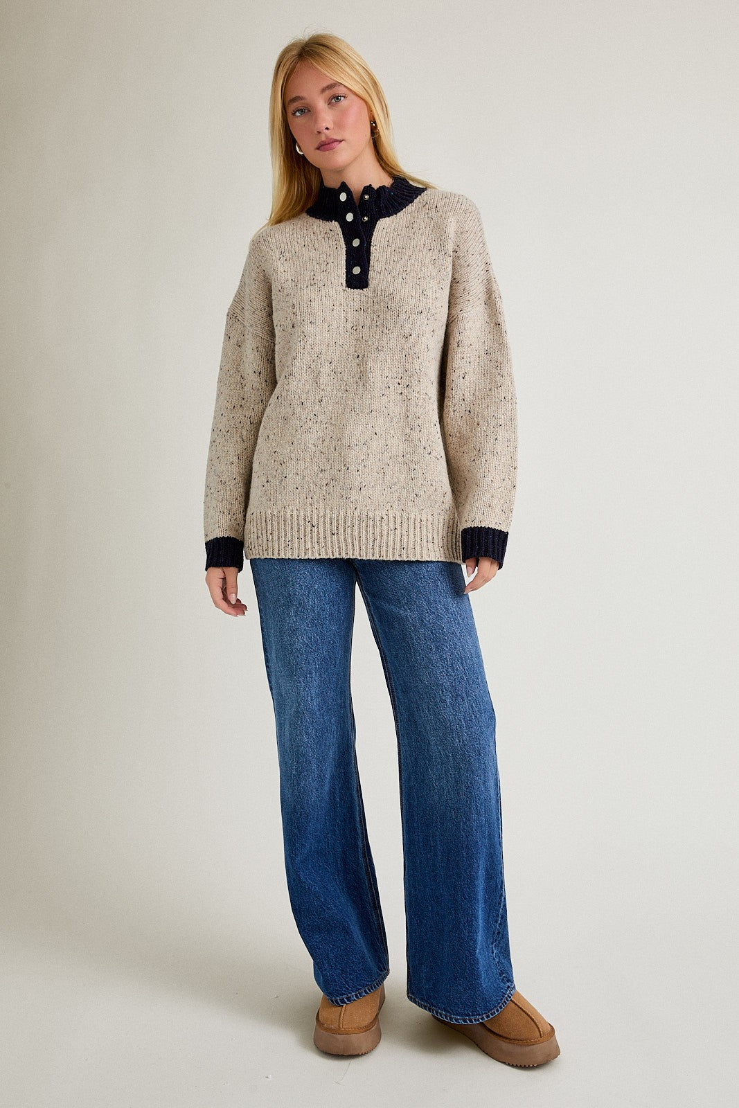 Beige Speckle Knit Snap Button Oversized Sweater