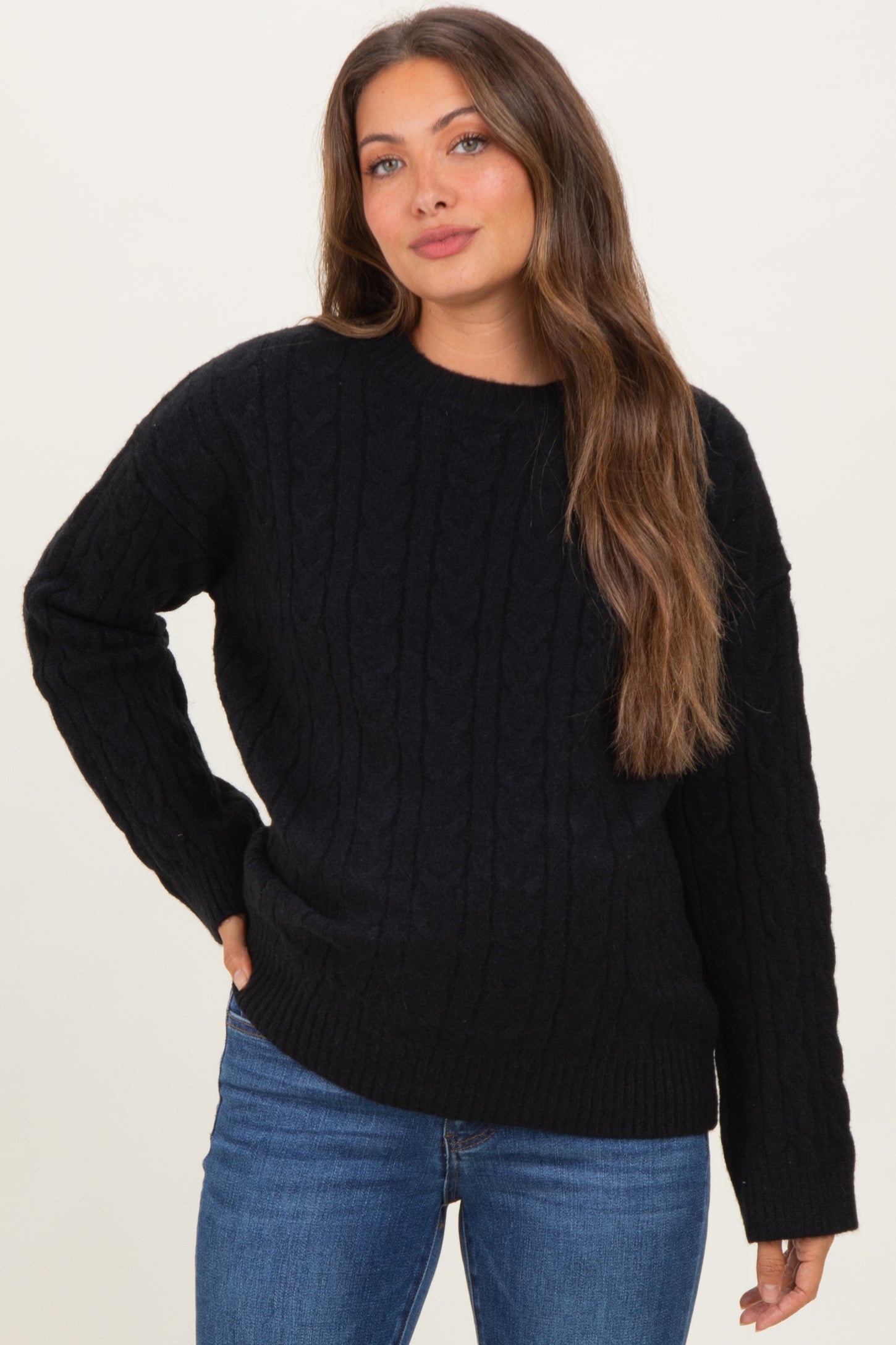 Black Braid Knit Pattern Soft Fluffy Maternity Sweater Top