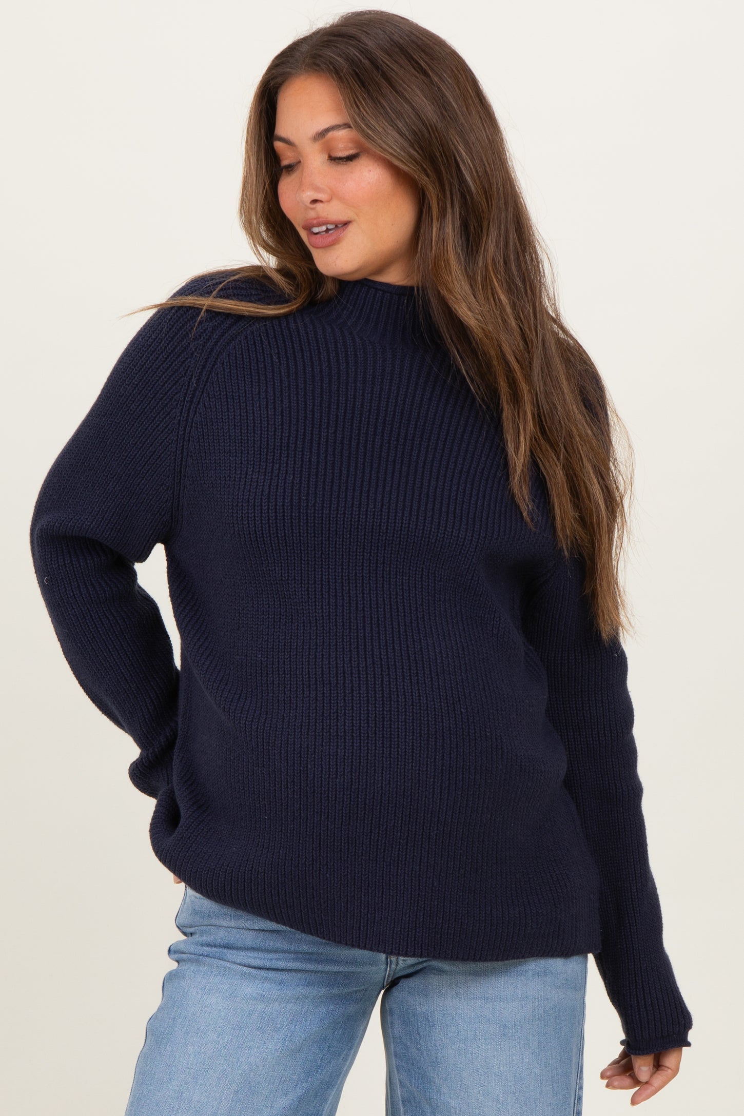 Navy Mock Neck Ribbed Knit Basic Maternity Sweater Top