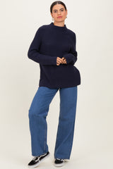 Navy Mock Neck Ribbed Knit Basic Sweater Top
