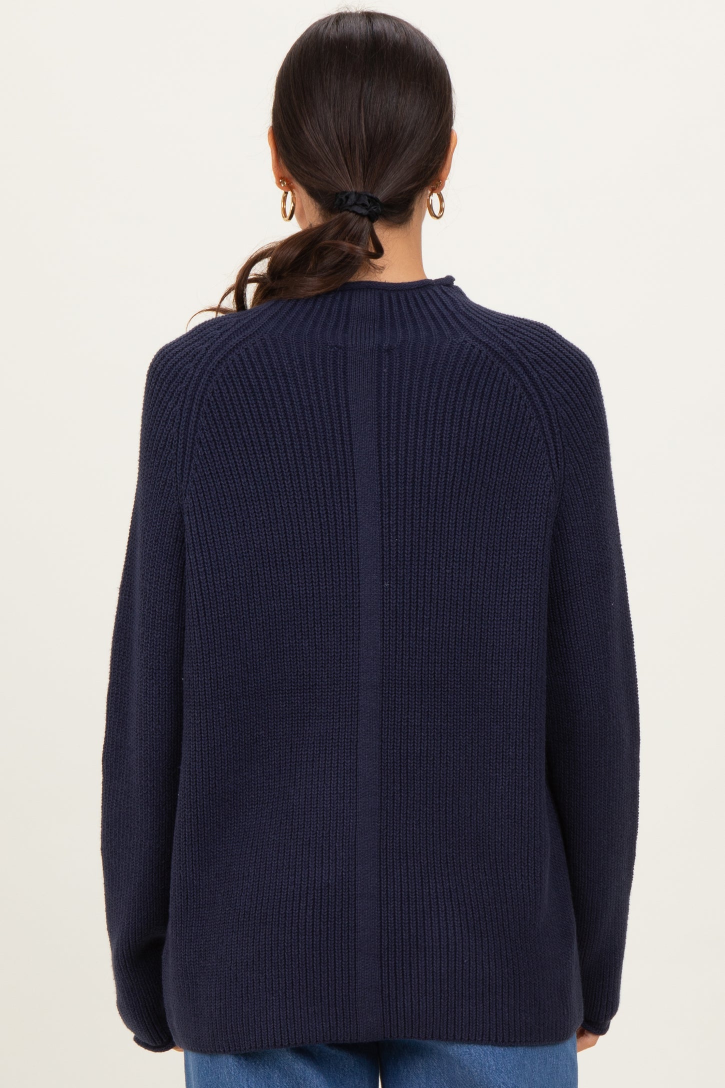 Navy Mock Neck Ribbed Knit Basic Sweater Top