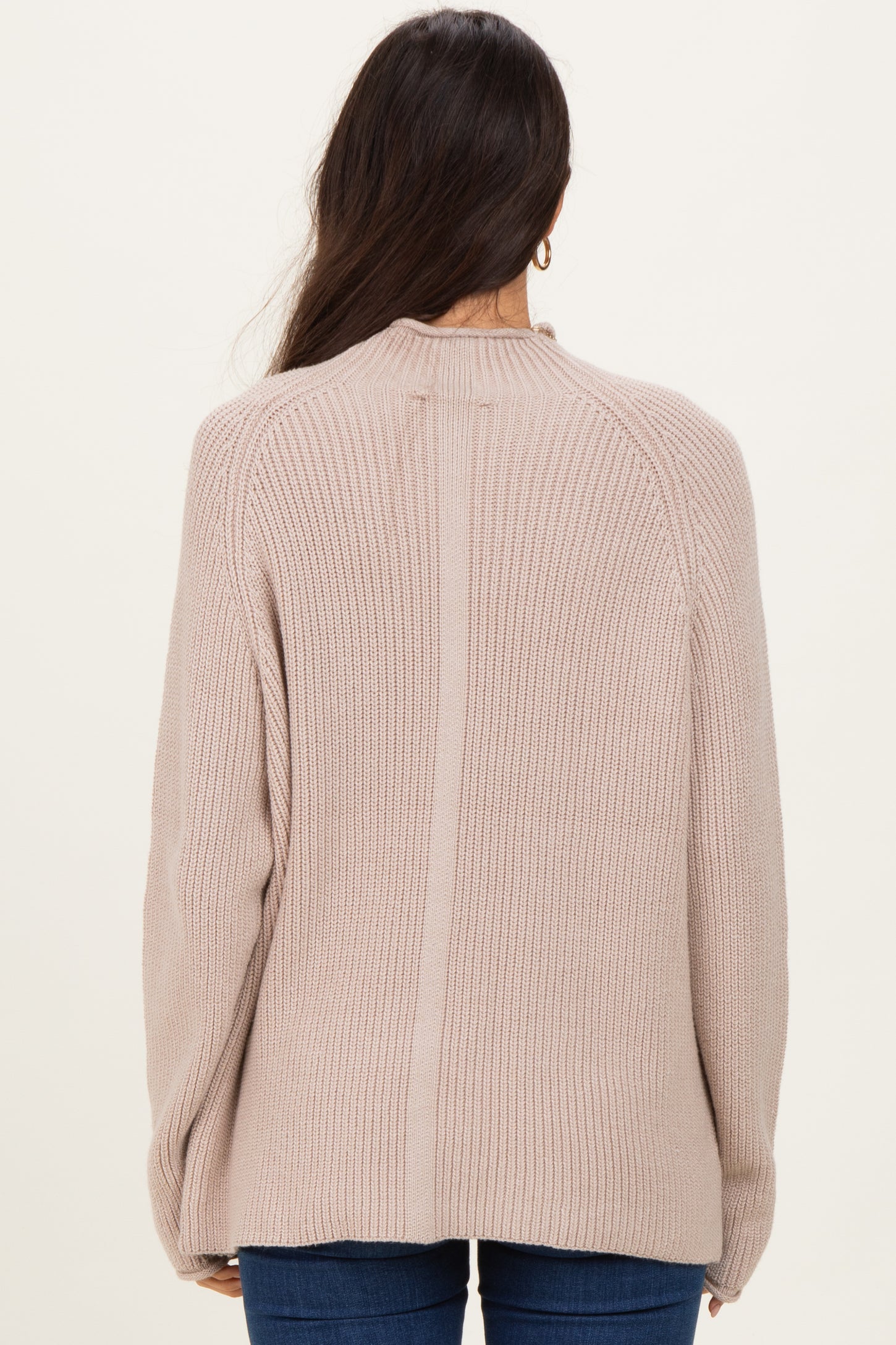 Beige Mock Neck Ribbed Knit Basic Sweater Top