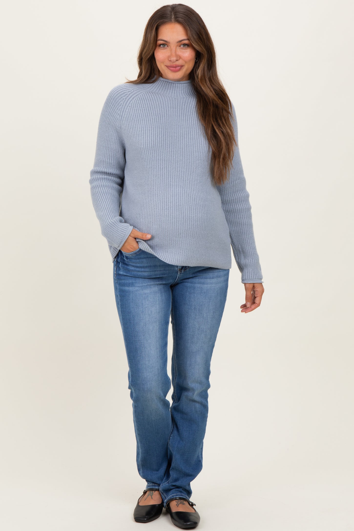 Light Blue Mock Neck Ribbed Knit Basic Maternity Sweater Top
