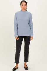 Light Blue Mock Neck Ribbed Knit Basic Sweater Top