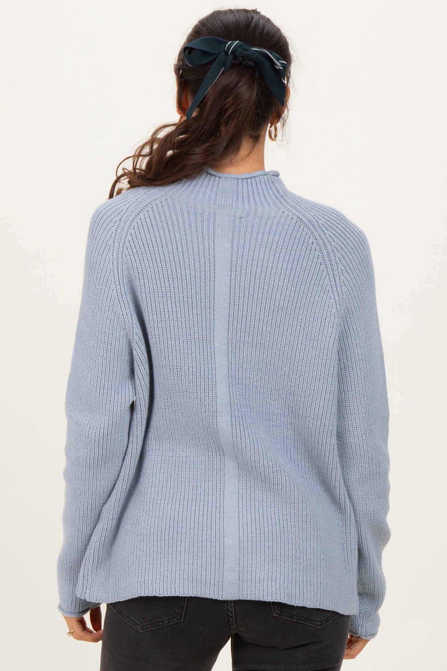 Light Blue Mock Neck Ribbed Knit Basic Sweater Top