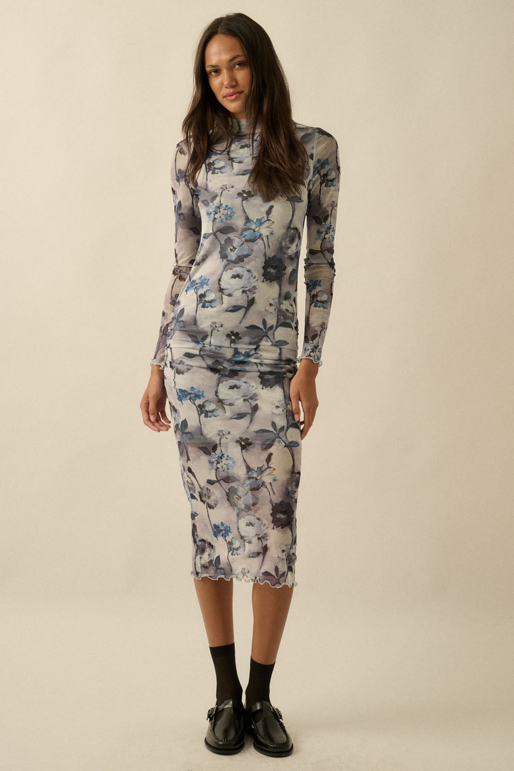 Blue Floral Mesh Long Sleeve Midi Dress