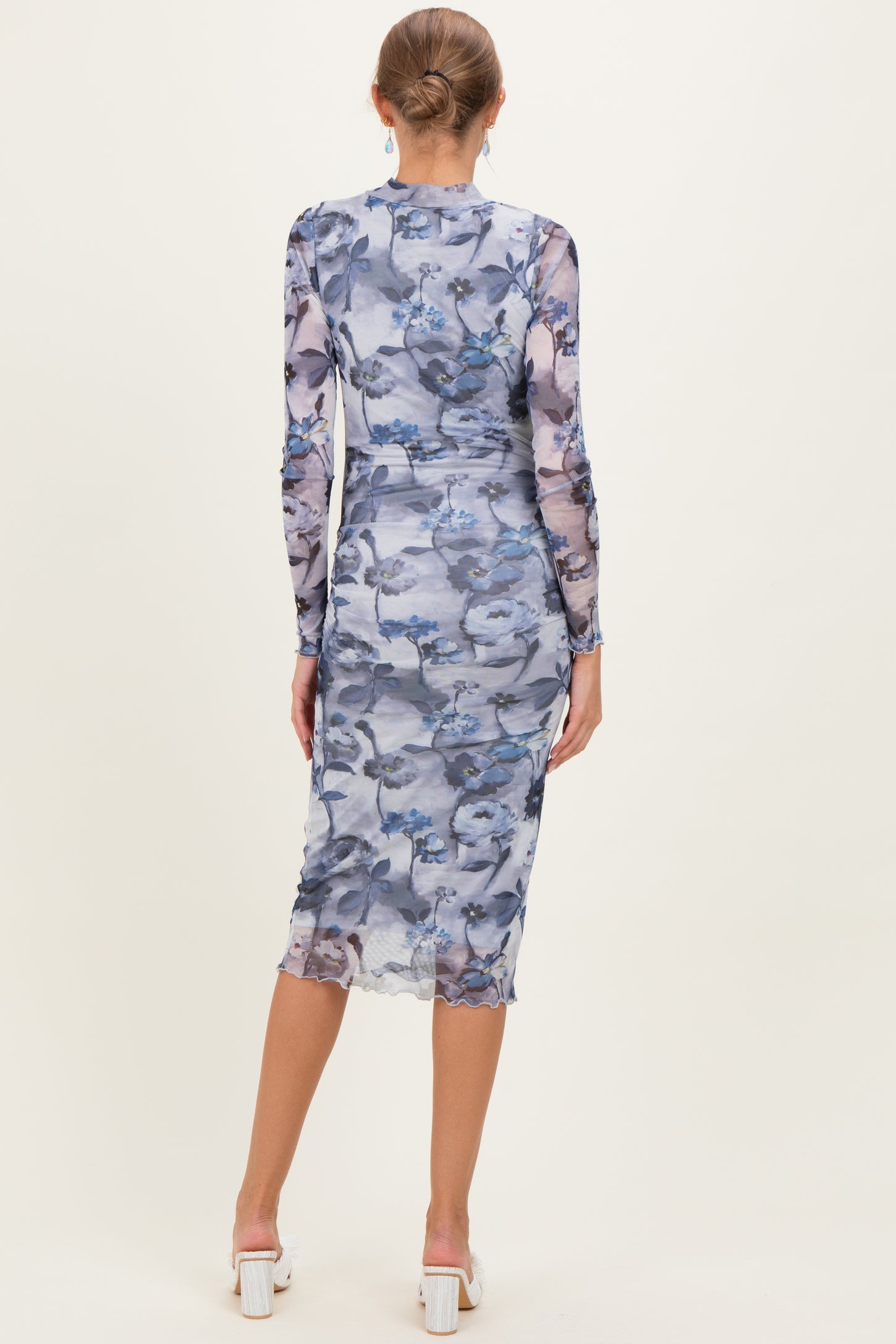 Blue Floral Mesh Long Sleeve Maternity Midi Dress