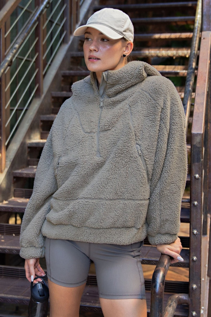 Dark Taupe Faux Sherpa Quarter Zip Maternity Hoodie