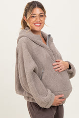 Dark Taupe Faux Sherpa Quarter Zip Maternity Hoodie