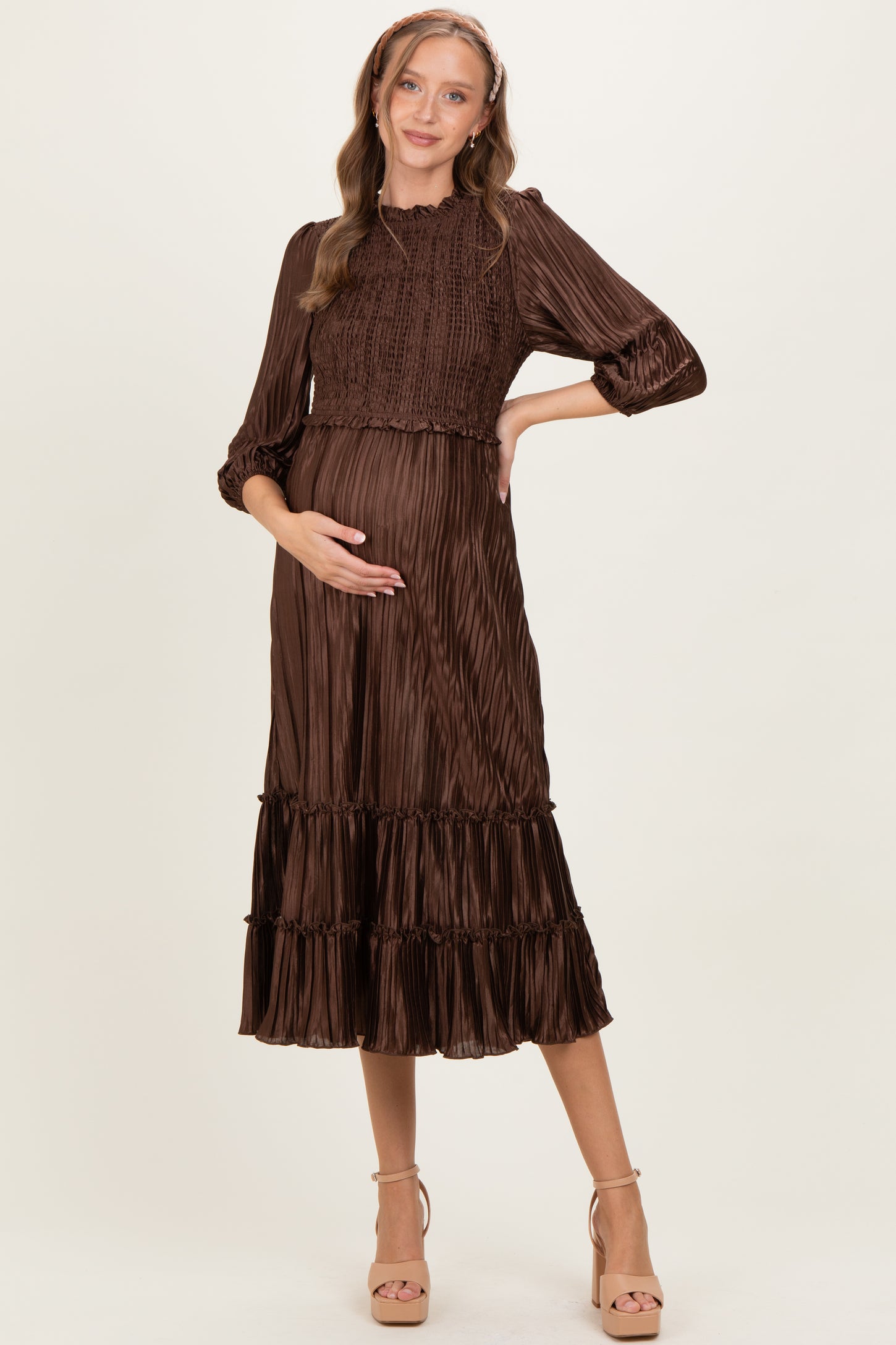 Brown Pleated Satin Smocked Bodice Maternity Midi Dress