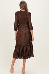 Brown Pleated Satin Smocked Bodice Maternity Midi Dress