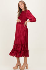 Burgundy Pleated Satin Smocked Bodice Maternity Midi Dress