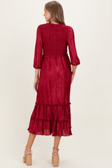 Burgundy Pleated Satin Smocked Bodice Maternity Midi Dress