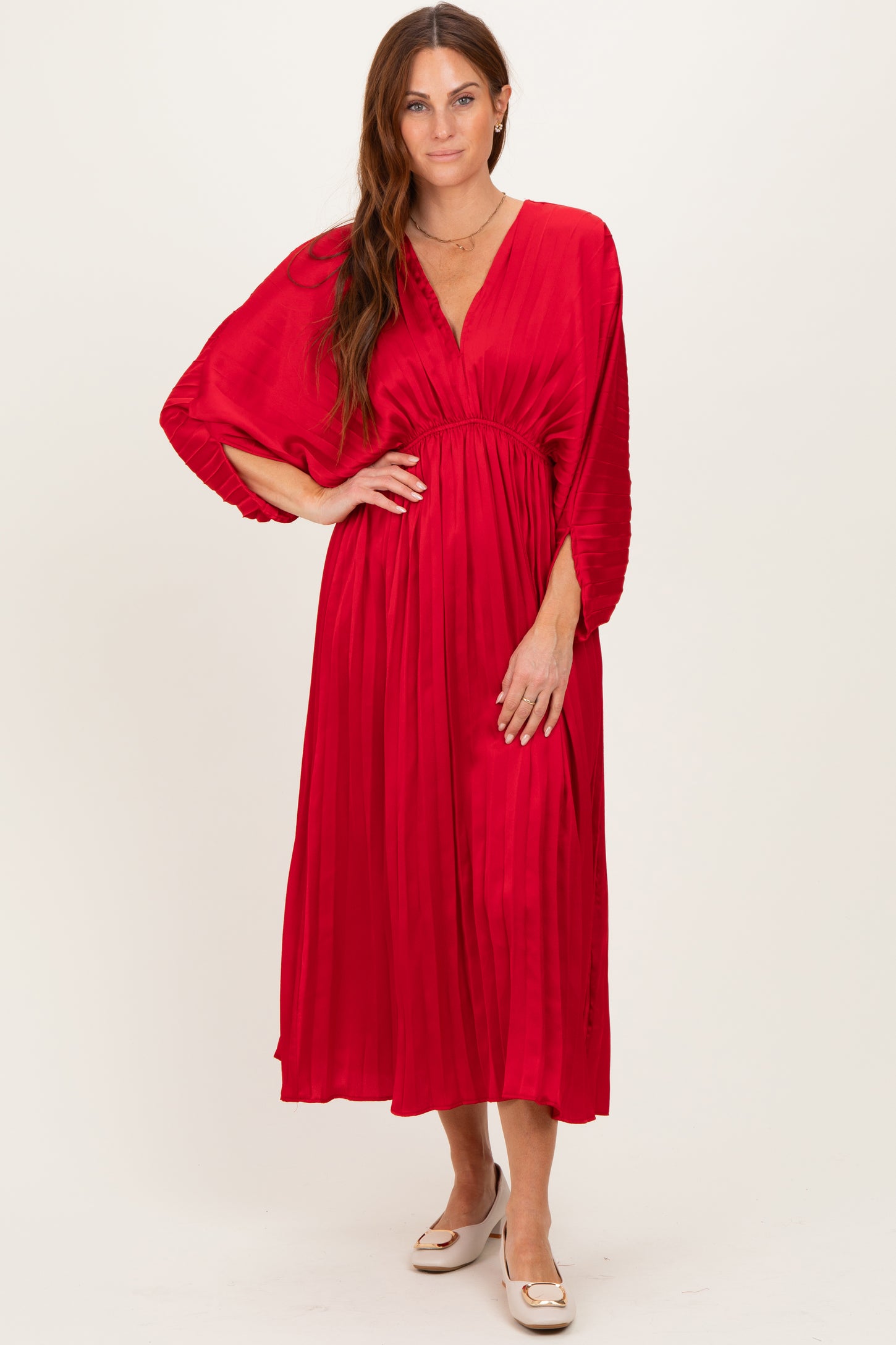 Red Satin Pleated V-Neck Maternity Maxi Dress