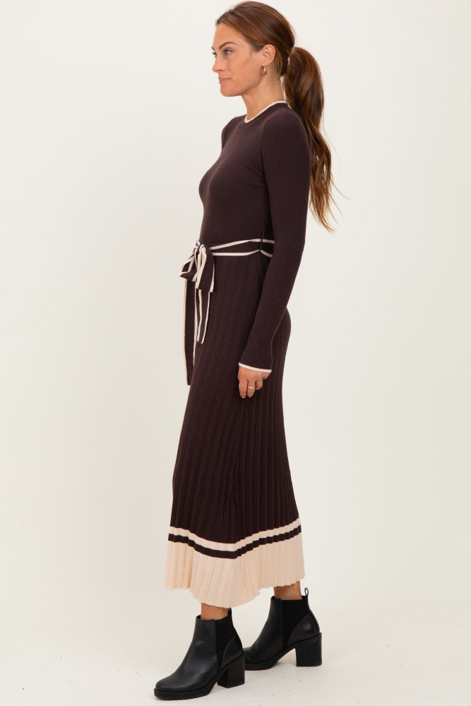 Brown Ribbed Midi Sweater Dress With Belt
