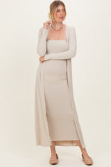 Taupe Ribbed Sleeveless Dress Cardigan Maternity Set